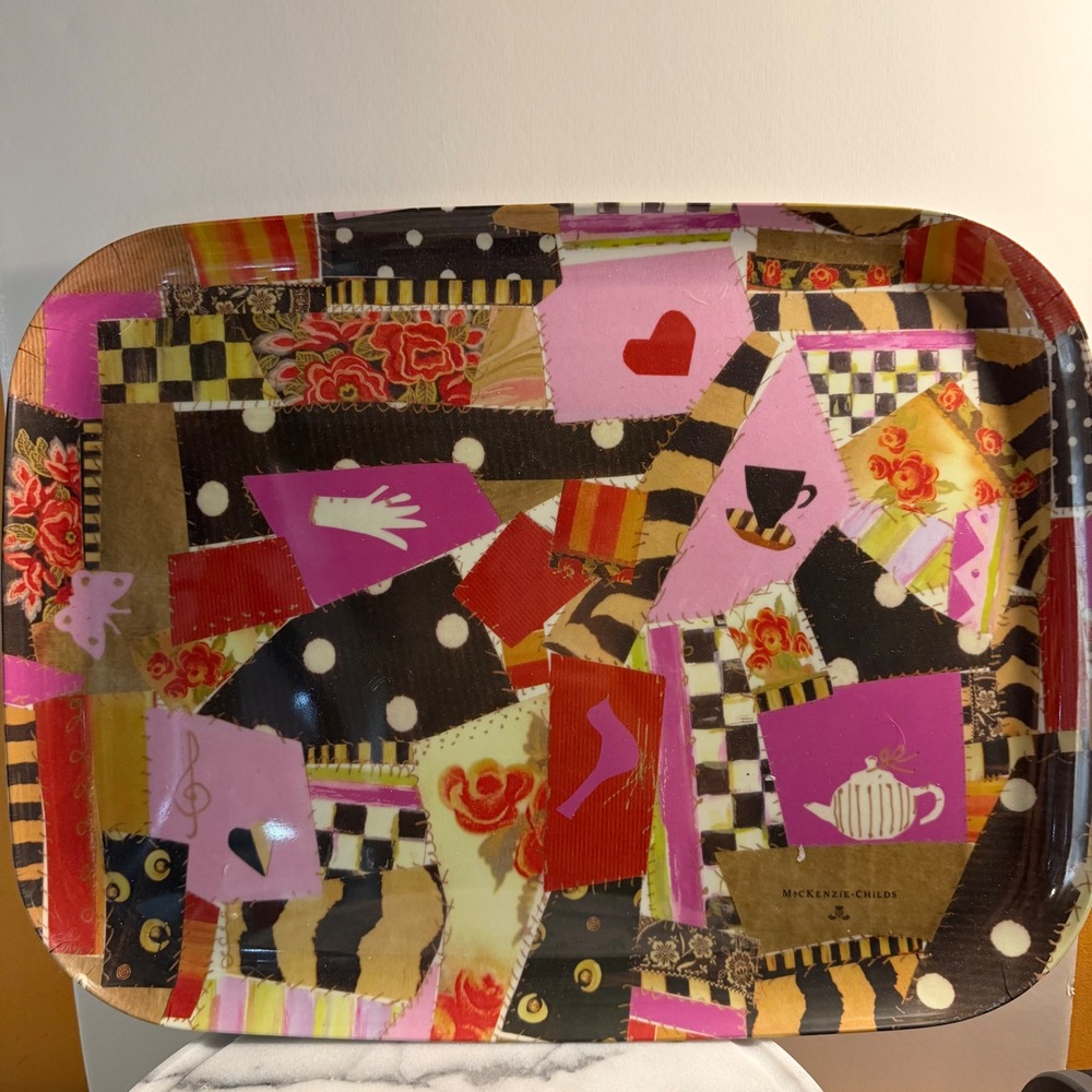MacKenzie-Childs Large Crazy Quilt Tray Courtly Check‎ Floral Teapot Whimsical